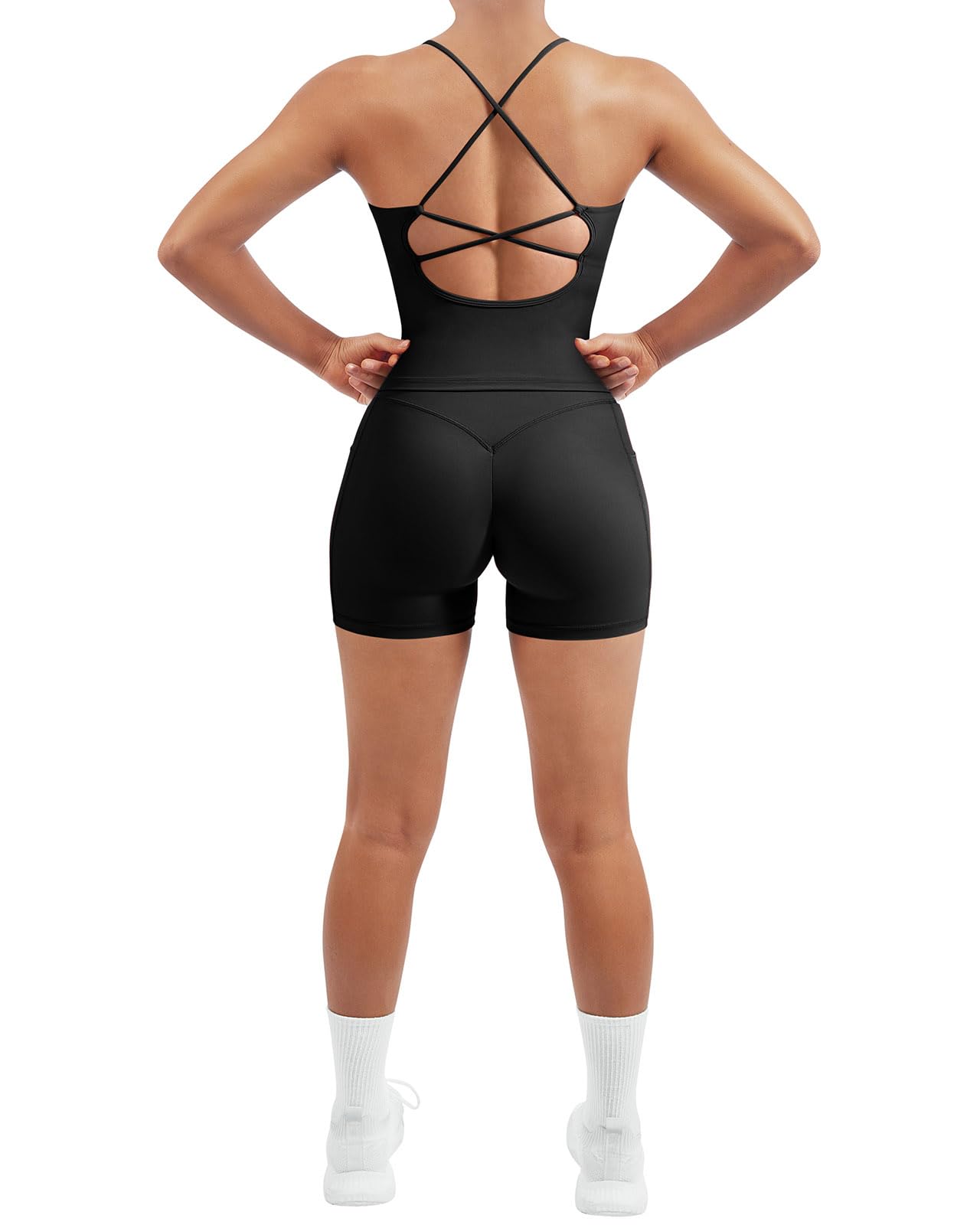 SUUKSESS Women 2 Piece Workout Sets Scrunch Butt Shorts with Pockets Padded Tank Tops