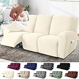 BOYIFEIJIE Funda Sofa Relax Reclinable 3 Plazas, Funda Sofa Relax con Bolsillos, Fundas Elástica de Jacquard a Rayas Diseño Todo Incluido para Sofa Reclinable (Beige, 8-Piezas)
