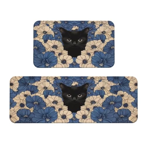 Cute Cat Kitchen Rugs and Mats Cat Kitchen Decor Floor Mats Set of 2 Non-Slip Washable Kitchen Rugs for Kitchen Sink Laundry (17'' X 30''+17'' X 47'')