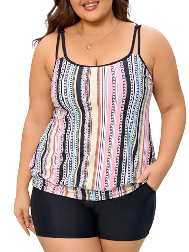 Summer Mae Blouson Plus Size Women's Tankini Swimsuits Tummy Control Modest 2025 Two Piece with Sporty Pockets Bathing Suits