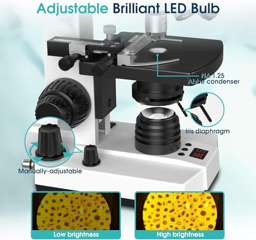 Image of Lab Compound Trinocular Microscope with Thermostat Mechanical Stage, Dual-View Microscope for Adults with 40X-2500X Magnification, Premium Achromatic Objective, 7'' LCD Screen, Built-in 5MP Camera