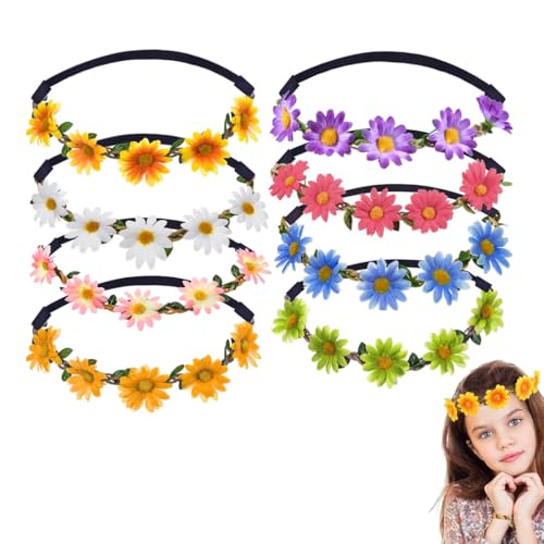 KUMSODE 8 Piezas Diademas de Flores, Multicolor Corona Floral Elástico Diadema de Margaritas Flor Corona con Horquillas Pelo, para Mujeres y Niñas