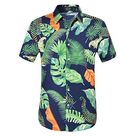 SSLR Mens Short Sleeve Button Down Shirts Hawaiian Shirts for Men (X-Large, Navy Green)