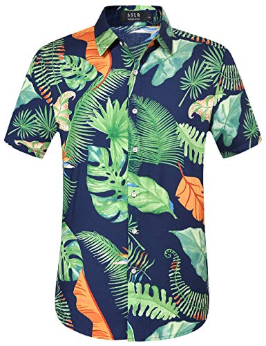 SSLR Men's 100% Rayon Standard Fit Short Sleeve Aloha Hawaiian Shirt (X-Large, Navy Green)