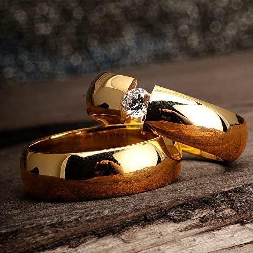Juego de anillos de boda de 6 mm, chapado en oro de 14 quilates, juego de alianzas de boda a juego, juego de anillos de boda de plata personalizado para hombre y mujer