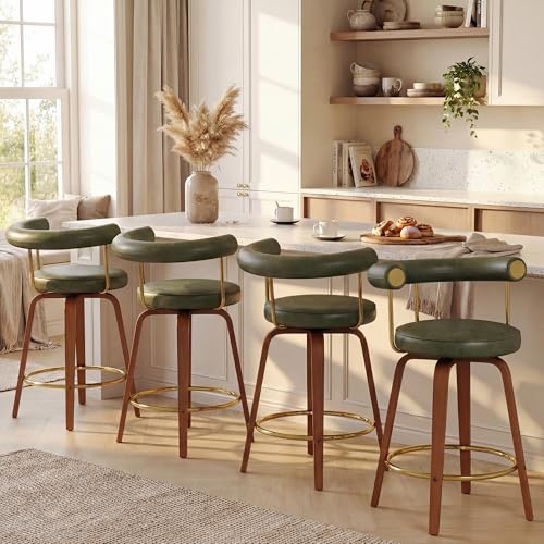 TYBOATLE Swivel Bar Stools Set of 4, 26” Counter Height Bar Stools with Bent Wood Legs and Back, Mid-Century Modern Faux Leather Bar Chairs Island Barstools for Kitchen (4, Green)