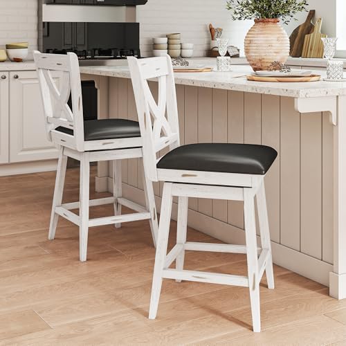 Image of Swivel Bar Stools Set of 2, Farmhouse 24 inch Counter Height Barstools with X Carved Backs, Wooden Bar Chair with Solid Wood Legs & Footrest for Kitchen Island, Home Bar, Pub. Antique White
