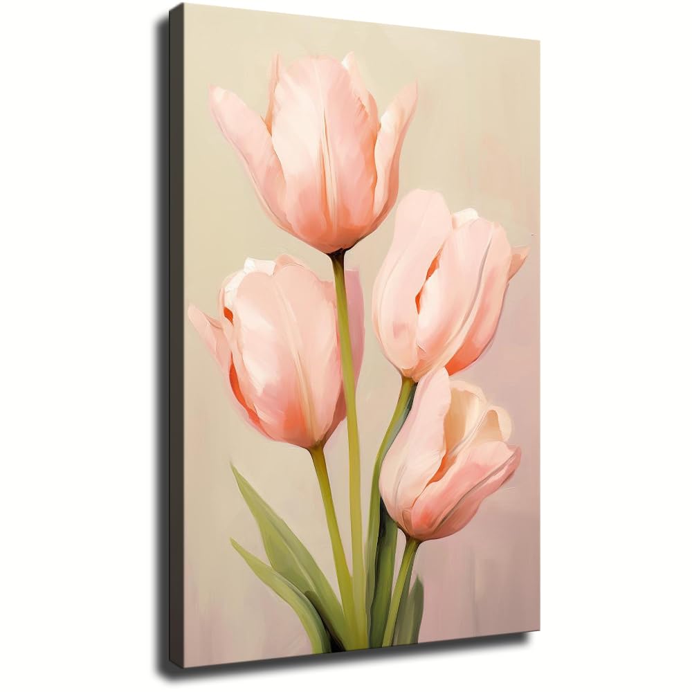 GTSOUOT Soft Pink Tulip Floral Bouquet Wall Art (Wrapped Canvas,08×12 inch) Wrapped Canvas 08×12 inch