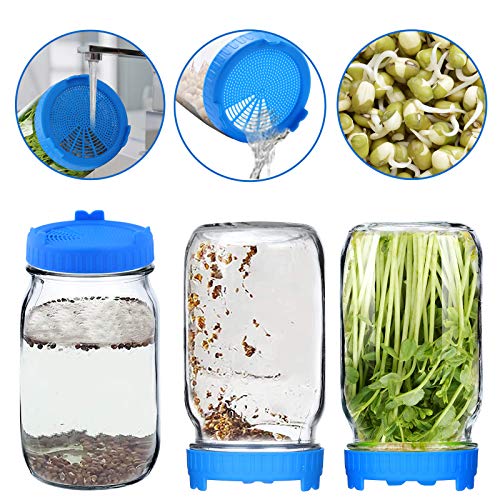 Seed Sprouting Jar Kit, 2 Wide Mouth Mason Sprouting Jar & 2 Easy Rinse & Drain Lids, Use for Growing Organic Healthy Fresh Broccoli, Alfalfa, Mung Bean Sprouts and Salad