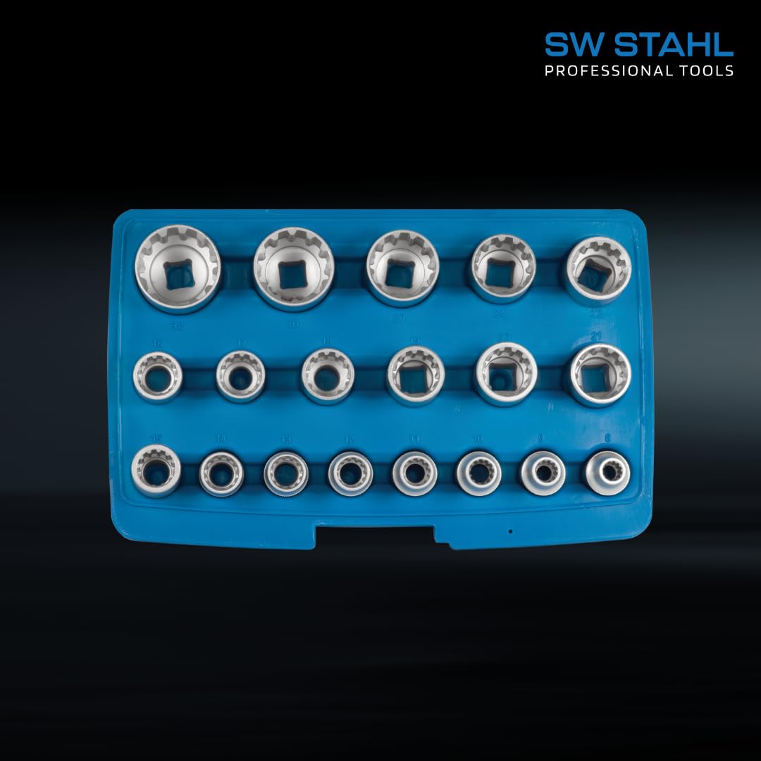 SW-Stahl 05650L Zestaw Nasadek 1/2 Cala, Klucze Nasadowe, 19 Elementów | Wielofunkcyjne wkładki kluczy nasadowych 12,5 mm, profesjonalny zestaw narzędzi warsztatowych w wytrzymałym opakowaniu