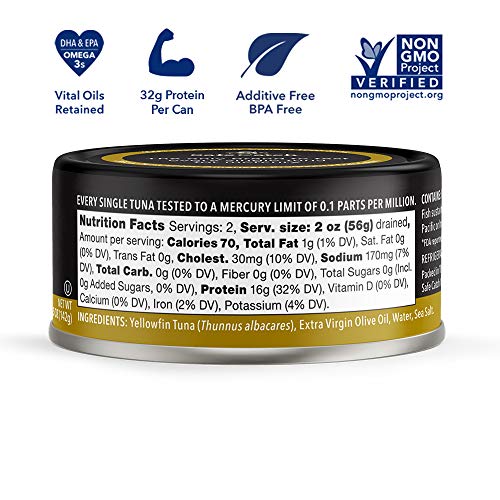 Image of Safe Catch Wild Ahi Yellowfin Tuna Fish Canned, Wild Caught, Lowest Mercury, Lean Protein, Omega 3, Gluten-Free, Kosher, in Extra Virgin Olive Oil, Pack of 6