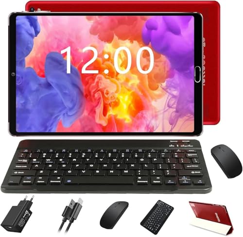 Tableta Android de 10 pulgadas con 4 GB RAM + 64 GB ROM, compatible con tarjetas SD de hasta 256 GB, WiFi | Bluetooth |5 MP + 8 MP | Certificación GMS, incluye ratón, teclado y funda protectora - Rojo