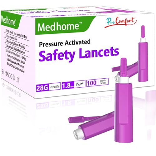 Medhome Pressure Activated Safety Lancets 100 Count Sterile Single Use and Gentle for Comfortable Testing(28 G)