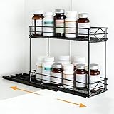 Hynorian Medikamenten Flaschen Regal 2-Tier – Pillen Flaschen Organizer Küche Bad, Metall Aufbewahrungsregal mit Schublade, Platzsparendes Schieberegal für Medikamente, Vitamine und Kosmetik, Schwarz