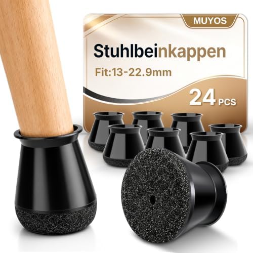 MUYOS 24 Stück Stuhlbeinkappen mit Filz für schräge Stuhlbeine, Schwarz | Rund Stuhlbeinschoner und Filzgleiter für Stühle, Schützen den Boden und Reduzieren Geräusche beim Verschi