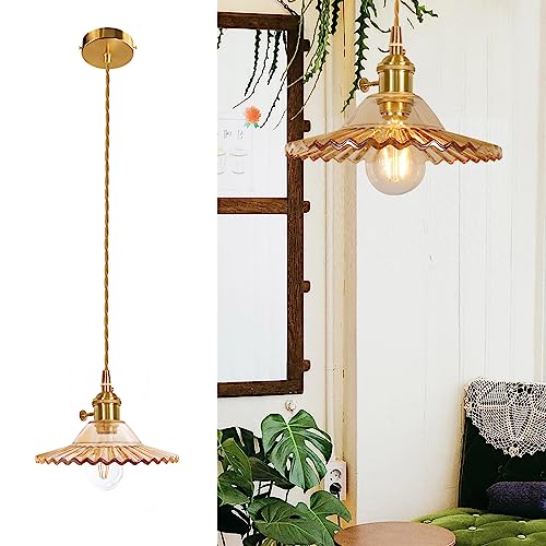 Shenmoyl Pendant Light Retro Amber Lotus Glass Lampshade Nordic Hanging Lamp, Brass Finish Ceiling Drop Light E26/E27 Fixture Lamp Fitting With Kitchen Island Bedroom 8.66 Inch Diam #TOP13