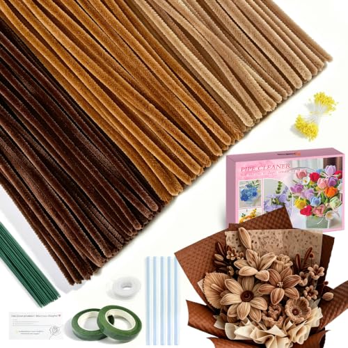 300Pcs Brown Pipe Cleaners Flower Kit, Chenille Stems with Tapes Stamens