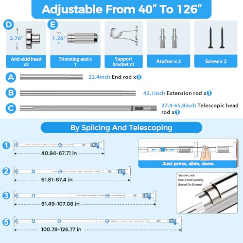 Image of AIZESI 41-124 Inch Heavy Duty Silver Tension Curtain Rod - No Drilling, Adjustable, Rust-Proof for Outdoor, Living Room, Bathroom