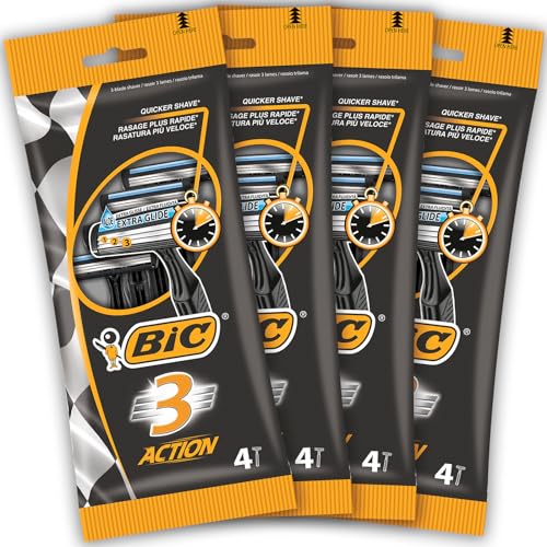 BIC 3 Action Maquinillas de Afeitar Desechables para Hombre, Para Un Afeitado Apurado y Rápido, 4 Paquetes de 4 Cuchillas