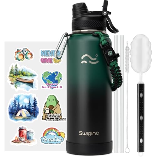 Image of Swigina Insulated Water Bottle with Silicone Boot (36hrs Cold /18hrs Hot) - DIY Stickers, [2-in-1 Lid], BPA Free, 40 oz