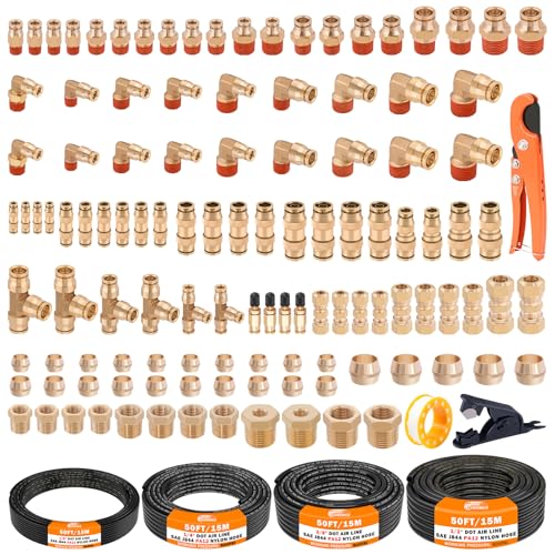 CheeMuii 124 PCS Brass DOT Air Line Fittings with 4 Roll 50FT 1/8" 1/4" 3/8" 1/2" DOT Air Lines Kit Push Lock Air Fitting Quick Connect Air Fittings with Air Hose Pneumatic Tubing by CheeMuii - Used condition - US$161.49