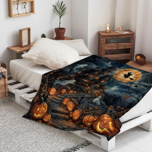 Couverture maison hantée Halloween en peluche orange pour canapé et lit de 152 x 203 cm