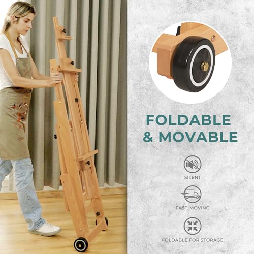 VISWIN Studio H-Frame Easel, Tilting Flat & Adjustable Beech Wood Art Easel for Painting, Movable Large Easel Stand for Adults, Artists, Hold 1 or 2 Canvas up to 78" - Natural - Image 6