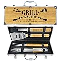 Grilling Accessories, Christmas Grilling Gifts for Men, Birthday Gift for Dad, Heavy Duty Wooden BBQ Grill Kit, Thick Stainless Steel Grill Utensils with Non-Slip Handle Tools in Portable Bag