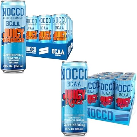 NOCCO BCAA Energy Drink 24 Pack Juicy Razz & Juicy Breeze - 12 Count (Pack of 24) - 180-200mg of Caffeine Sugar Free Energy Drinks - Carbonated, BCAAs, Vitamin B6, B12, & Biotin - Performance Drink Cover