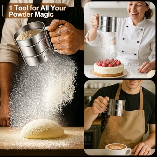 image for Zuvxrel Upgraded 3-Cup Flour Sifter for Baking, 3-in-1 One-Hand Press 