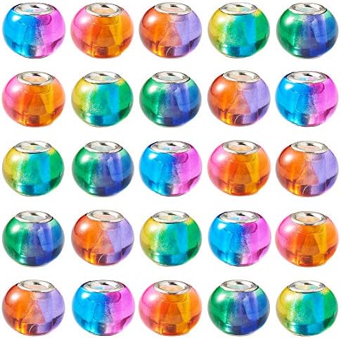 PandaHall 100pcs Faceted Murano Lampwork Glass Beads 14mm Large Hole European Glass Beads with Silver Color Core for Jewelry Making