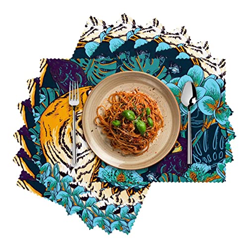 Placemats Set Of 6 Dining Table Place Mats Cloth Placemats Kitchen Table Mats Indoor Outdoor Placemat, Tropical Jungle Tiger Parrot Blue Flower Vintage #TOP1