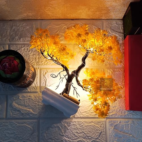 Image of Artificial LED Bonsai Tree with Lush Colorful Foliage in Elegant Plastic Pot | Artificial Plants with Pot | Indoor Plants | Home Decor Items (Yellow, 24cm)