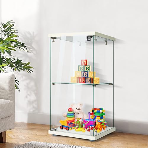 Image of VIVOHOME 2 Layers 15.7''W x 15.7''D x 31.9''H Glass Display Cabinet Showcase Countertop with Lock, Tempered Glass 25mm MDF Base