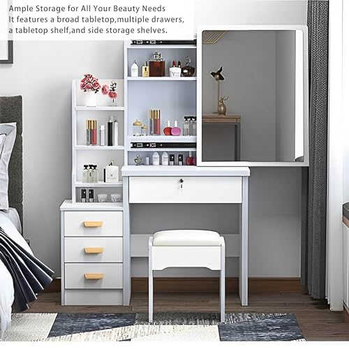 RIDFY Makeup Vanity with Mirror and Lights,Modern Bedroom Makeup Table Set with Upholstered Stool,Vanity Desk with 4 Drawers & Shelves,3 Color Lighting Brightness Adjustable,White