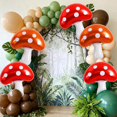 Image of Vuzvuv 30 Inches Red Brown Foil Mushroom Balloons Set, Video Game Mushrooms Party Decoration for Birthday, Theme Parties, Spring Holiday Picnic, Forest Plant Theme Decor（6Pcs）