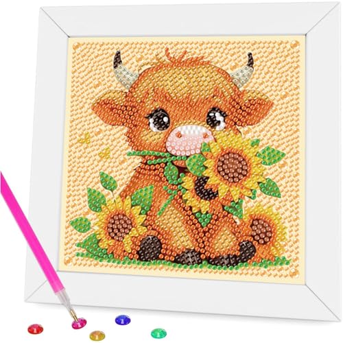 Gemozaic Diamond Art Kits for Kids with Frame, Highland Cow Diamond Art Painting Kit for Kids Ages 6-8-12 for Gift Home Wall Decor (7x7inch)