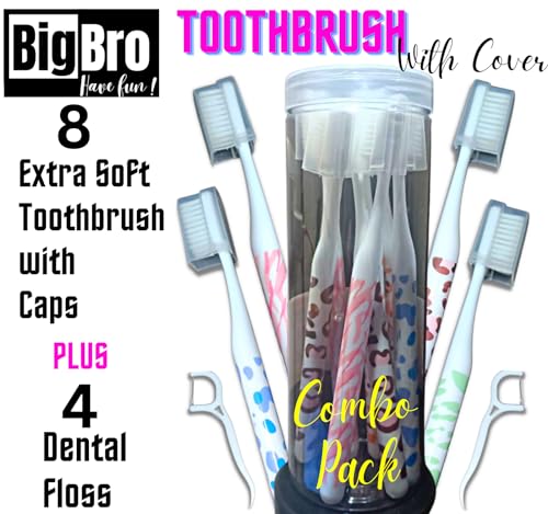 Image of Bigbro Toothbrush Super Soft Bristle with Cap and Dental Floss Adult Toothbrushes for Men and Women(Pack of 8 Toothbrushes with Protection Cap and 8 Dental Floss in a Jar)