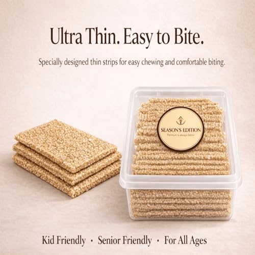 Image of Season's Edition Thin Sesame Chikki-250 gm | Easy to Bite, Soft Crunch, Ideal for Kids & Seniors | Nutritious, Delicious, High Protien, Healthy Gajak Snack with Sesame, Groundnut & Jaggery | No Added Preservatives or Colors