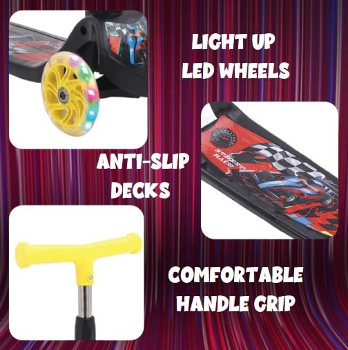 Image of ToyMagic Swift & Stride Scooter 3 Wheeler with Led Wheels Non Electronic Motion Activation Smart Kick Foldable Toy Height Adjustable Handle Birthday Gift for 3+ Made in India, Yellow, Kid