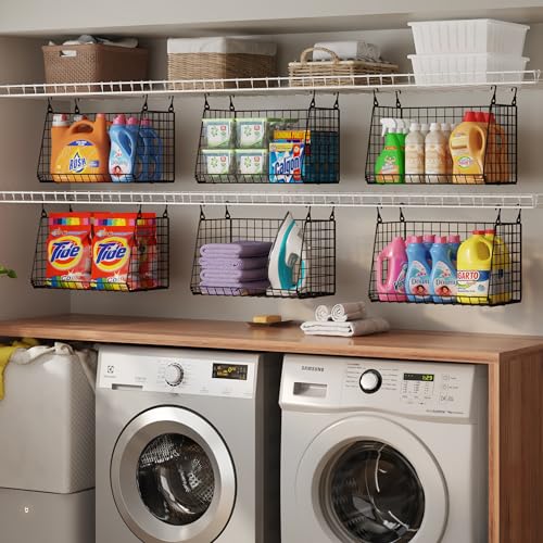 Image of Sonyabecca 3-Pack Hanging Laundry Baskets, Foldable Metal Wire Shelves with 360 Rotating Hooks, Space-Saving Over Washer /Dryer or Closet Storage for Laundry Room & Closet Organization, Black