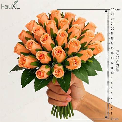 Image of Set of 24 Artificial Rose Flowers Bunches for Vase - Home Decoration Gift Items for Living Room Corner Table Top Bedroom Wedding (Pot Not Included) - 24 CM (Orange)