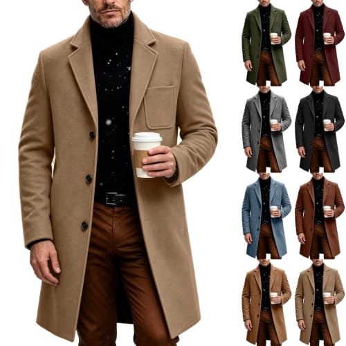 VBTAPA Winter Coat Trench Coat Men Slim Fit Mid Length Pea Coat Winter Overcoat Notched Collar Business Formal Casual Fall Long Jackets Khaki S - image 1