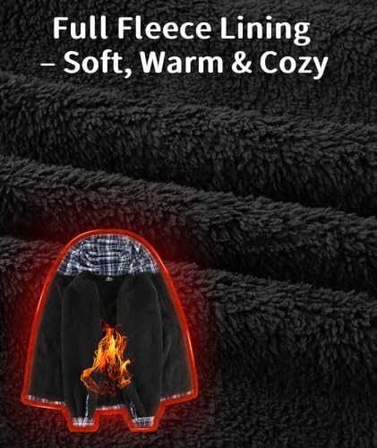Image of V VALANCH Men's Sherpa Lined Flannel Jacket with Hood - Zip Up Plaid Shirt Jacket Winter Outdoor Warm Outerwear Fleece Coat
