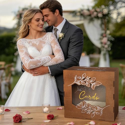 Image of Ywlake Wooden Wedding Money Box Holder with Sign, Large Rustic Card Box with Acrylic Window, Vintage Envelope Gift Post Card Box for Reception Anniversary Graduation Birthday Party Parties (Brown)