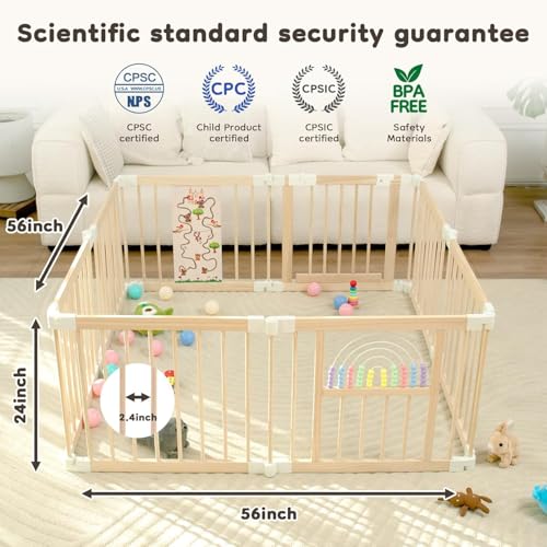 Foldable Wooden Baby Playpen Activity Center,Adjustable Size & Shape Portable Play Yard, Baby Fence Play Area with Gate for Indoor Use for Babies and Toddlers(56x56x24inches) - Image 3