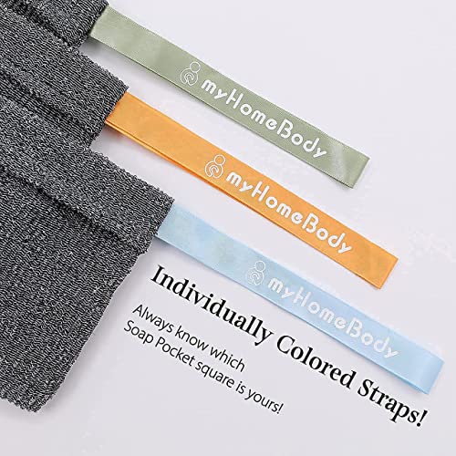 Myhomebody Soap Pocket Squares Exfoliating Soap Saver Pouch | Body Scrubber, Exfoliator Sponge For Bath Or Shower | For 5Oz Bar Soap Or Leftover Bits | Graphite Gray, 3 Pack + 2 Soap Lifting Pads #TOP4