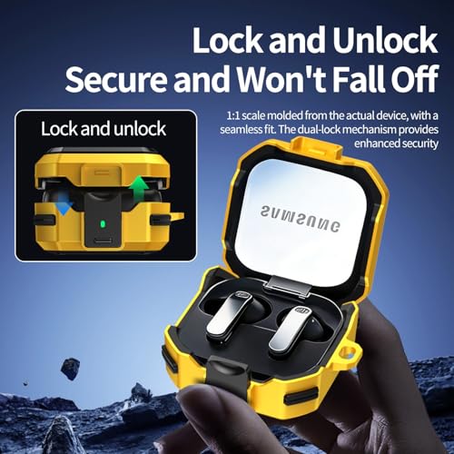 Image of Hybrid Lock Armor Case Cover for Samsung Galaxy Buds 4 and 4 Pro, Rugged, Shockproof with Heavy Duty Carabiner (Yellow, Armor with Lock)