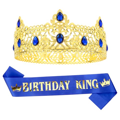 Uintoon Birthday King Crown and Sash Set for Men Birthday Gifts for Men Gold Blue King Costume...
