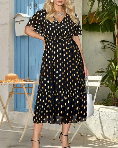 Women's Plus Size Dress for Wedding Guest - Semi Formal Cocktail Holiday Gold Dot Midi Dresses2